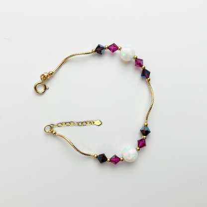 14k Yellow Gold Baby Bracelet Opal and Crystals from Swarovski -With Extension