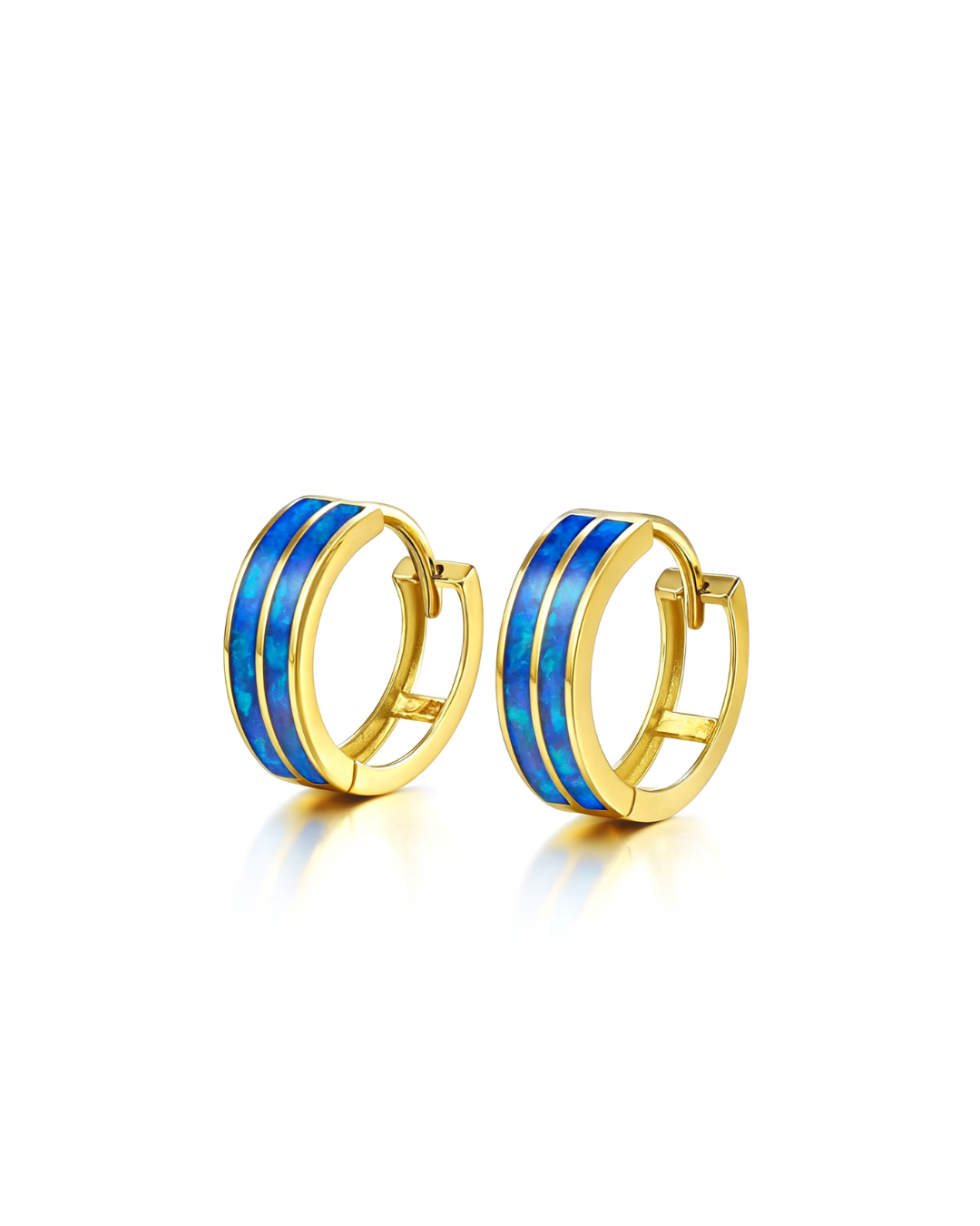 14k Yellow/White Gold Double Row Dark Blue Opal Huggie Hoop Earrings