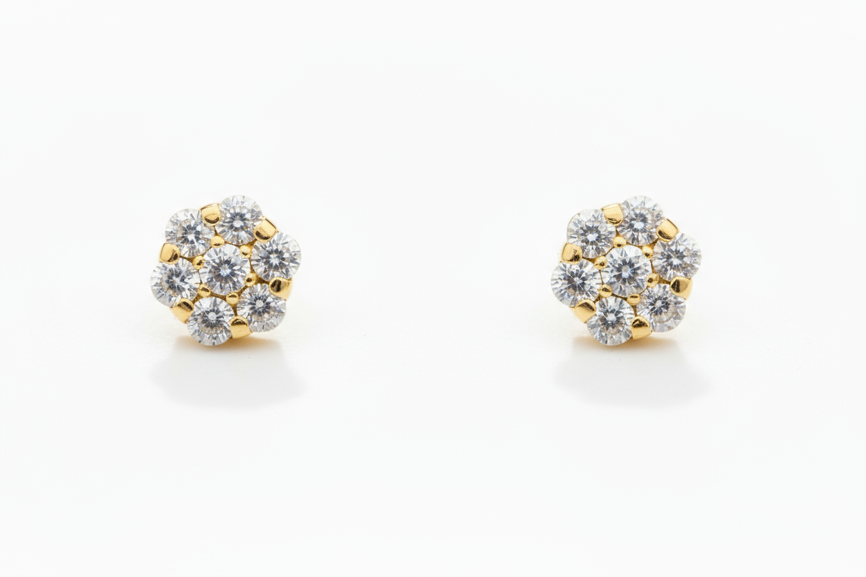14K Yellow Gold Flower Shaped  Screw Back Stud Earrings for Women