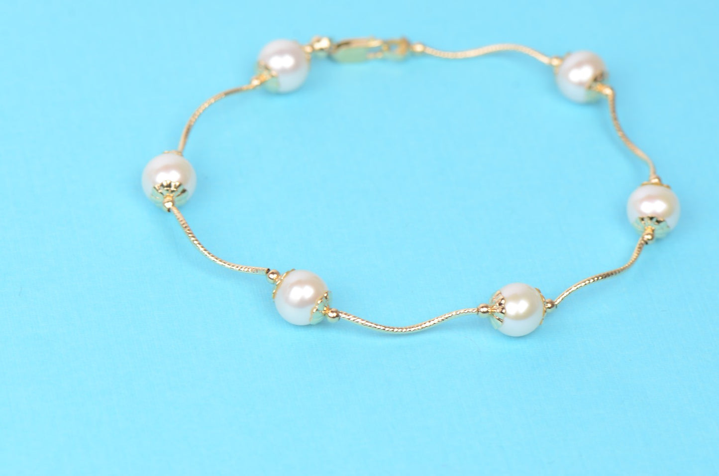 14k Yellow Gold Genuine White Pearls 3pcs Women Set:Necklace, Bracelet, Earrings