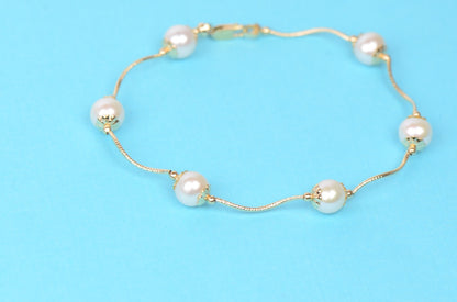 14k Yellow Gold Genuine White Pearls 3pcs Women Set:Necklace, Bracelet, Earrings