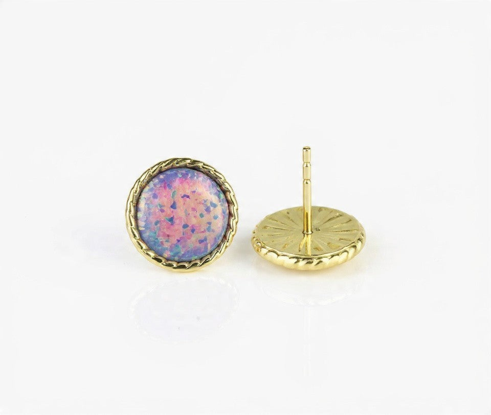 14K Yellow & White Gold Flat Opal Pretty  Stud Earrings for Women