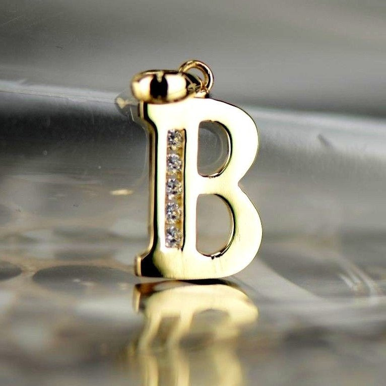 14k Solid Yellow Gold Letter Initial CZ Pendant