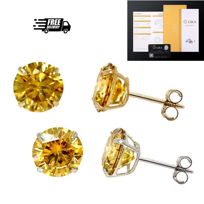 14K Gold GRA Certified D-VVS1 Round Yellow Moissanite Push Back Studs Earrings