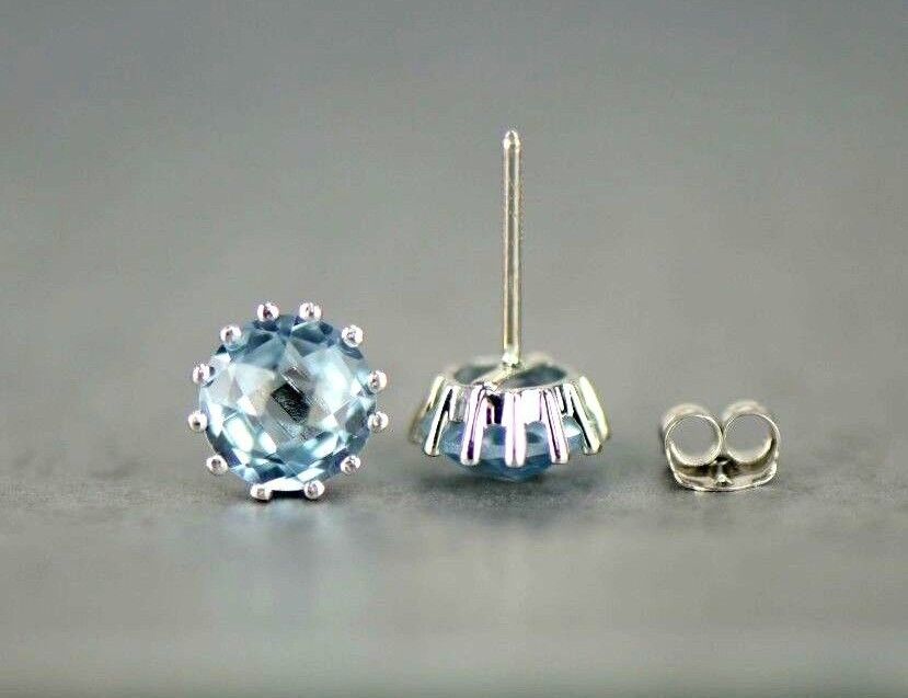 14k Solid White Gold 6mm Round Birthstone Stud Earrings with Push Back