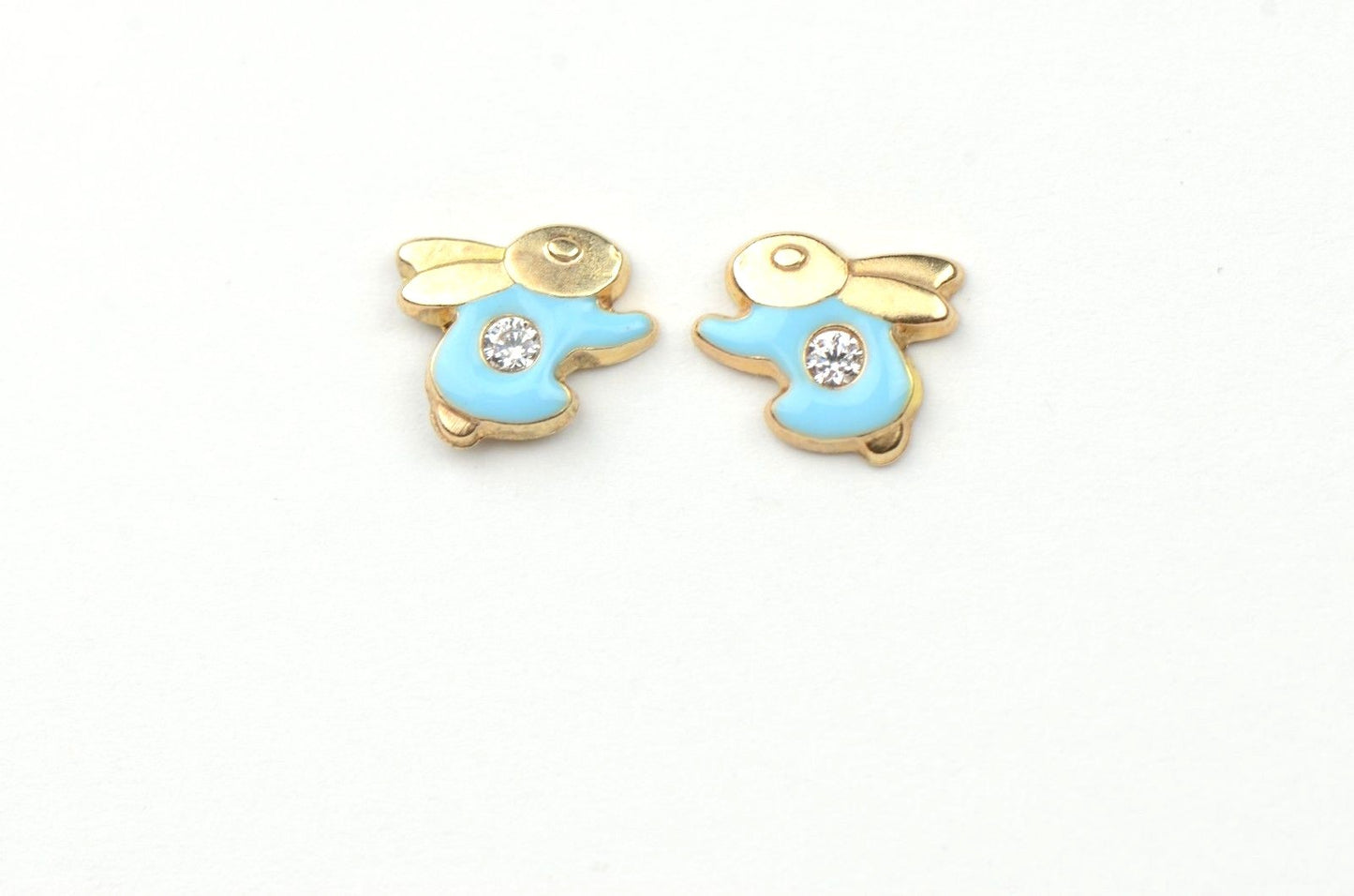 14k Yellow Gold Enamel and CZ Rabbit Baby earrings, Screw Back