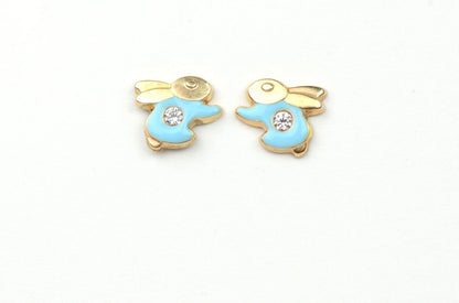 14k Yellow Gold Enamel and CZ Rabbit Baby earrings, Screw Back