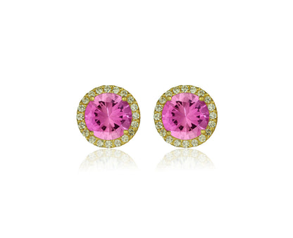 14K Yellow Gold Round Halo CZ Stud Push Back Earrings