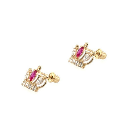 14K Solid Yellow Gold Crown Screw Back CZ Stud Earrings