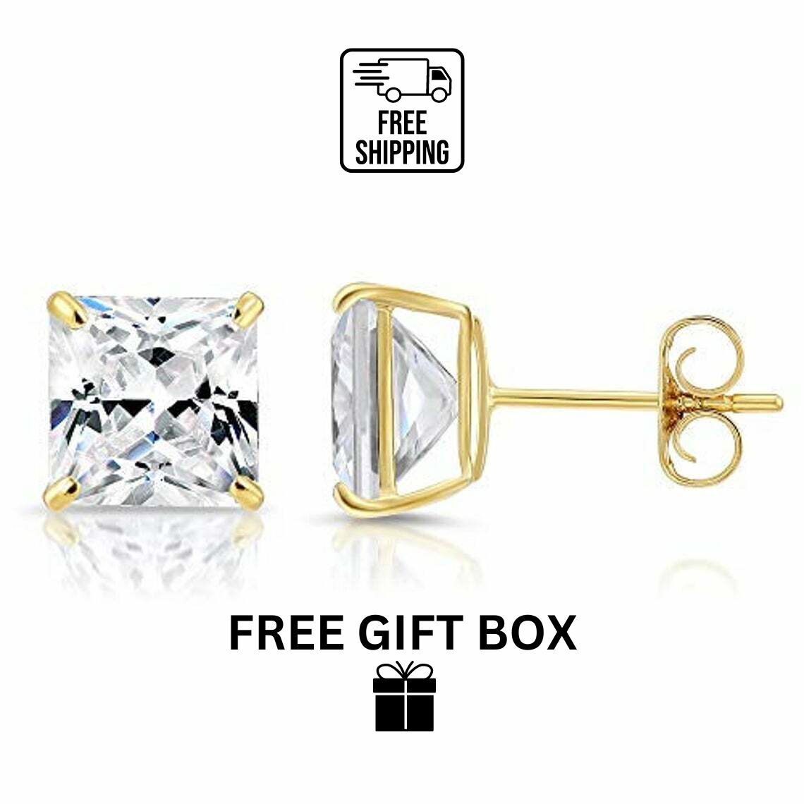 14k solid yellow/white gold square clear CZ basket set stud earrings 3-10mm