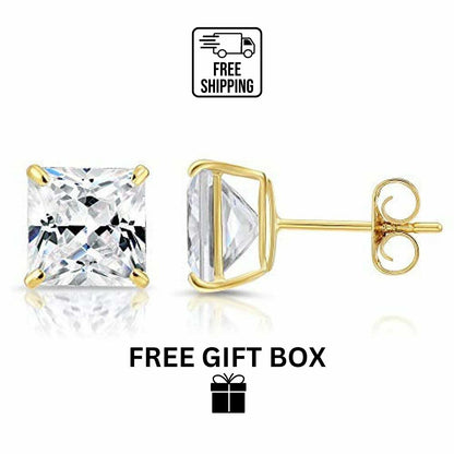14k solid yellow/white gold square clear CZ basket set stud earrings 3-10mm