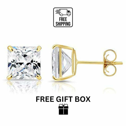 14k solid yellow/white gold square clear CZ basket set stud earrings 3-10mm