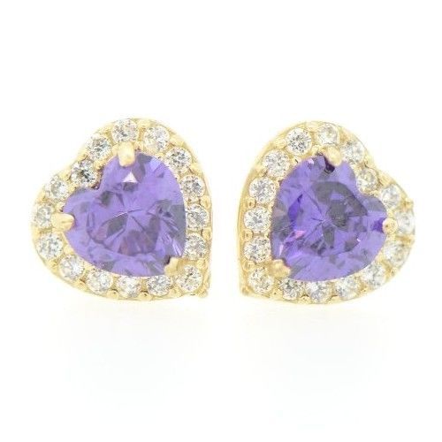 14K Yellow Gold Halo Heart CZ Stud Earrings Screw Back