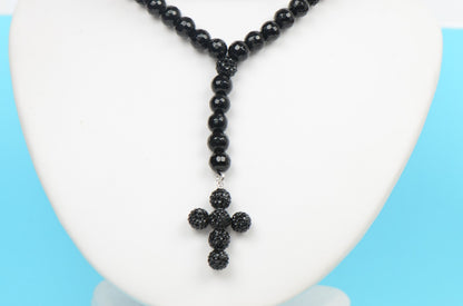 Mens Genuine Black Onyx Cross Rosary Necklace