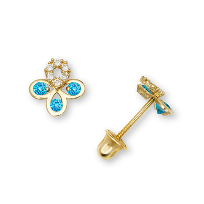 14K Yellow & White Gold CZ Flower Pretty Earrings for Girls