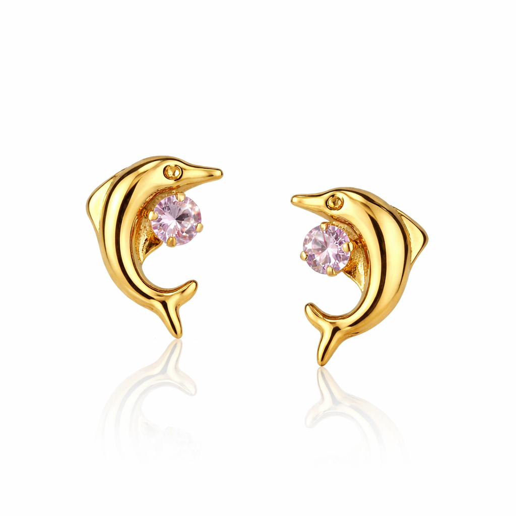 14k yellow gold dolphin earrings stud cz