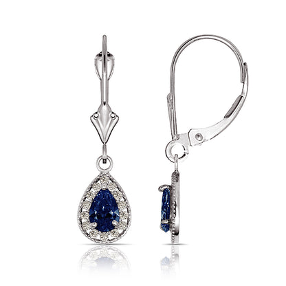 14k White Gold Halo CZ Tear Drop Dangle Leverback Earrings