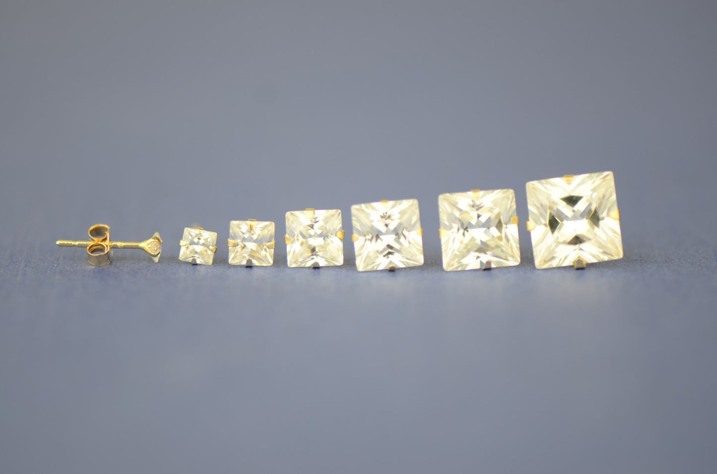 14K Yellow Gold Square Martini Prong Stud Earrings with Princess Cut CZ 2-8mm