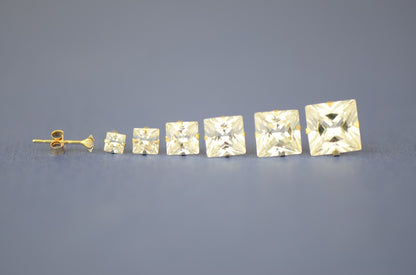 14K Yellow Gold Square Martini Prong Stud Earrings with Princess Cut CZ 2-8mm