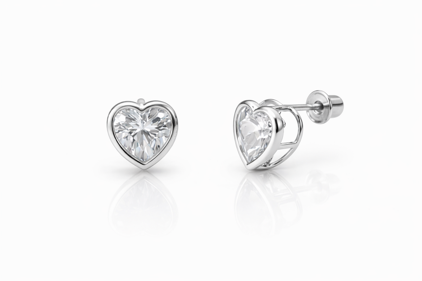 14K Solid White Gold Heart Birthstone Stud Earrings 6MM X 6MM