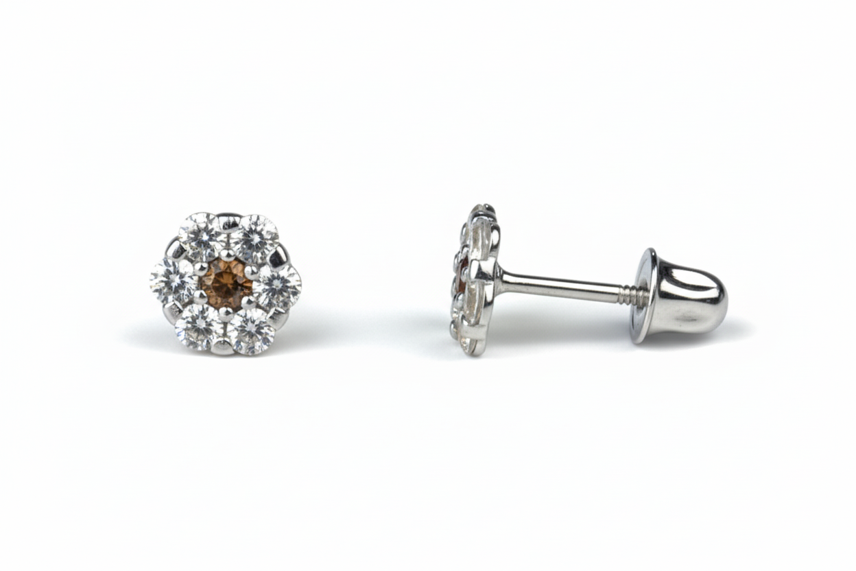 14K White Gold Flower Shaped  Screw Back Stud Earrings for Women