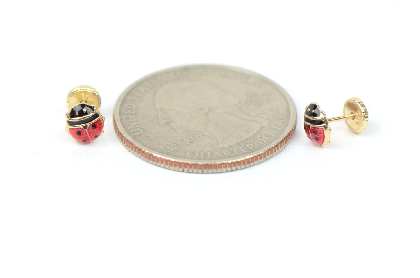 14k Yellow Gold Red and Black Enamel Lady Bug Baby earrings, Screw Back