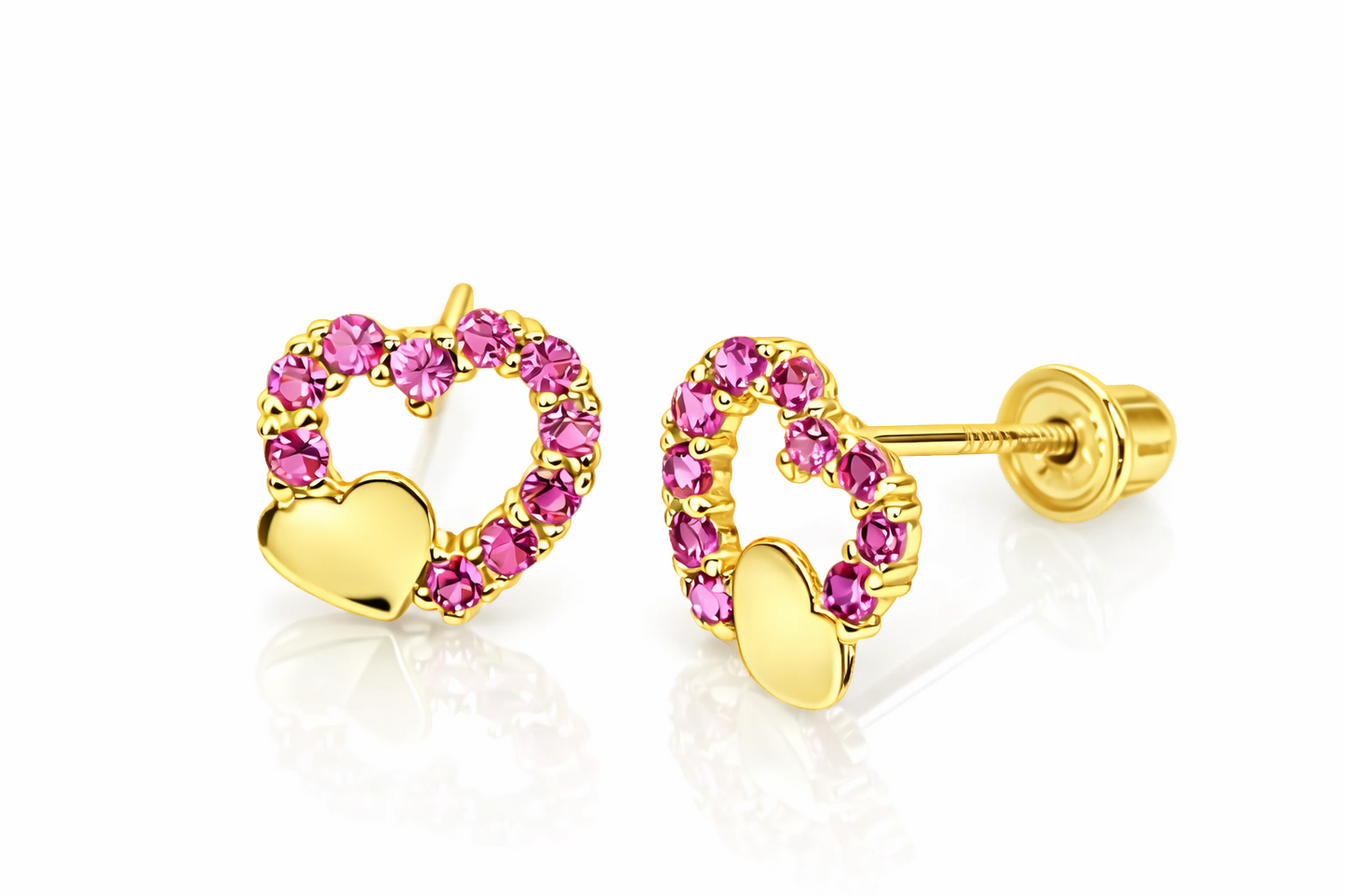 14K Yellow or White Gold Double Heart Stud Earrings with CZ  (Cubic Zirconia)