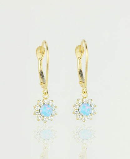 14k-Yellow-Gold-Opal Flower-CZ-Dangle-Earrings