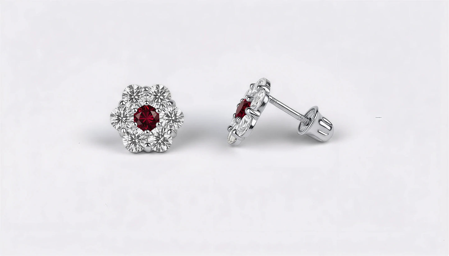 14K White Gold Beautiful Flower CZ Stud Earrings for Women