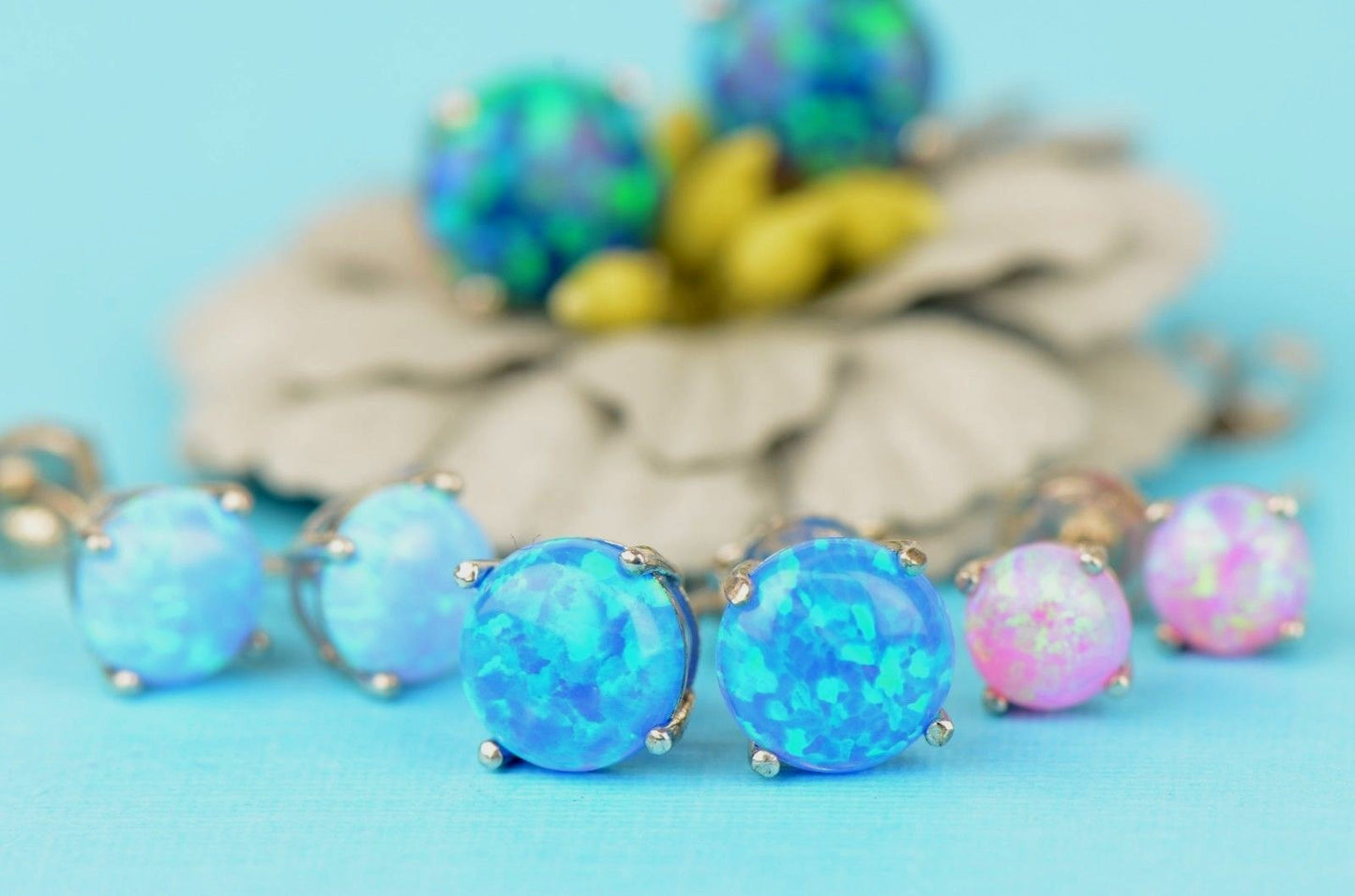 925 Sterling Silver Round Opal stud Earrings
