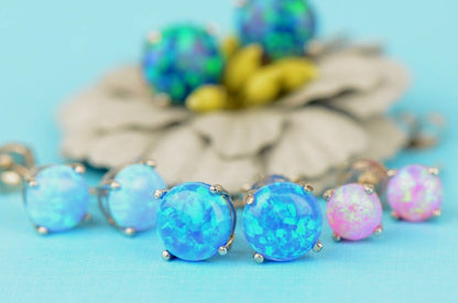 925 Sterling Silver Round Opal stud Earrings