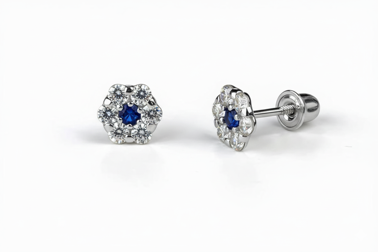 14K White Gold Flower Shaped  Screw Back Stud Earrings for Women