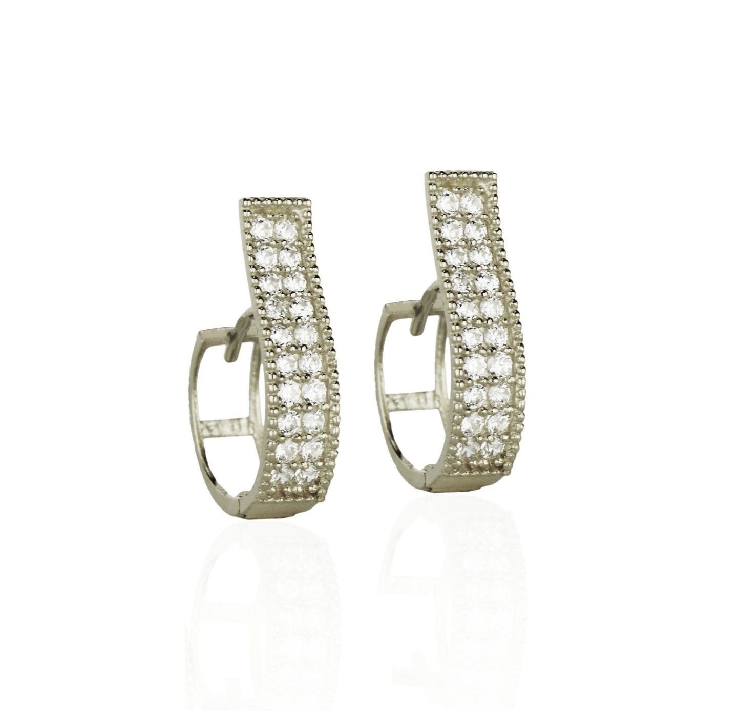 14k Yellow and White Gold Two Row CZ Pave Set Huggie Hoop Earrings
