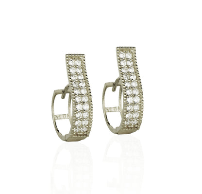 14k Yellow and White Gold Two Row CZ Pave Set Huggie Hoop Earrings