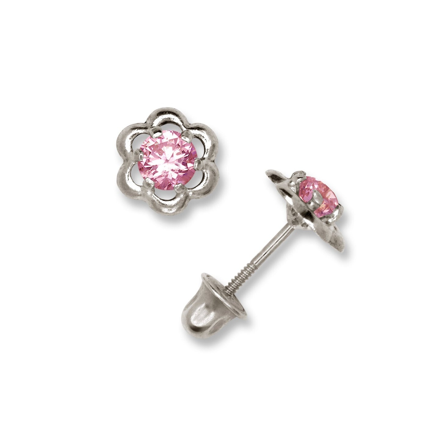 14K Yellow & White Gold Minimal CZ Flower Screw Back Studs Earrings for Women