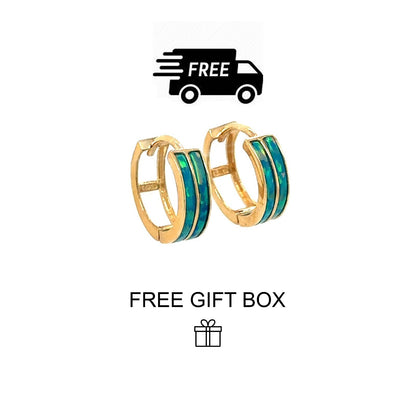 14k Yellow Gold Double Row Dark Green Opal Huggie Hoop Earrings