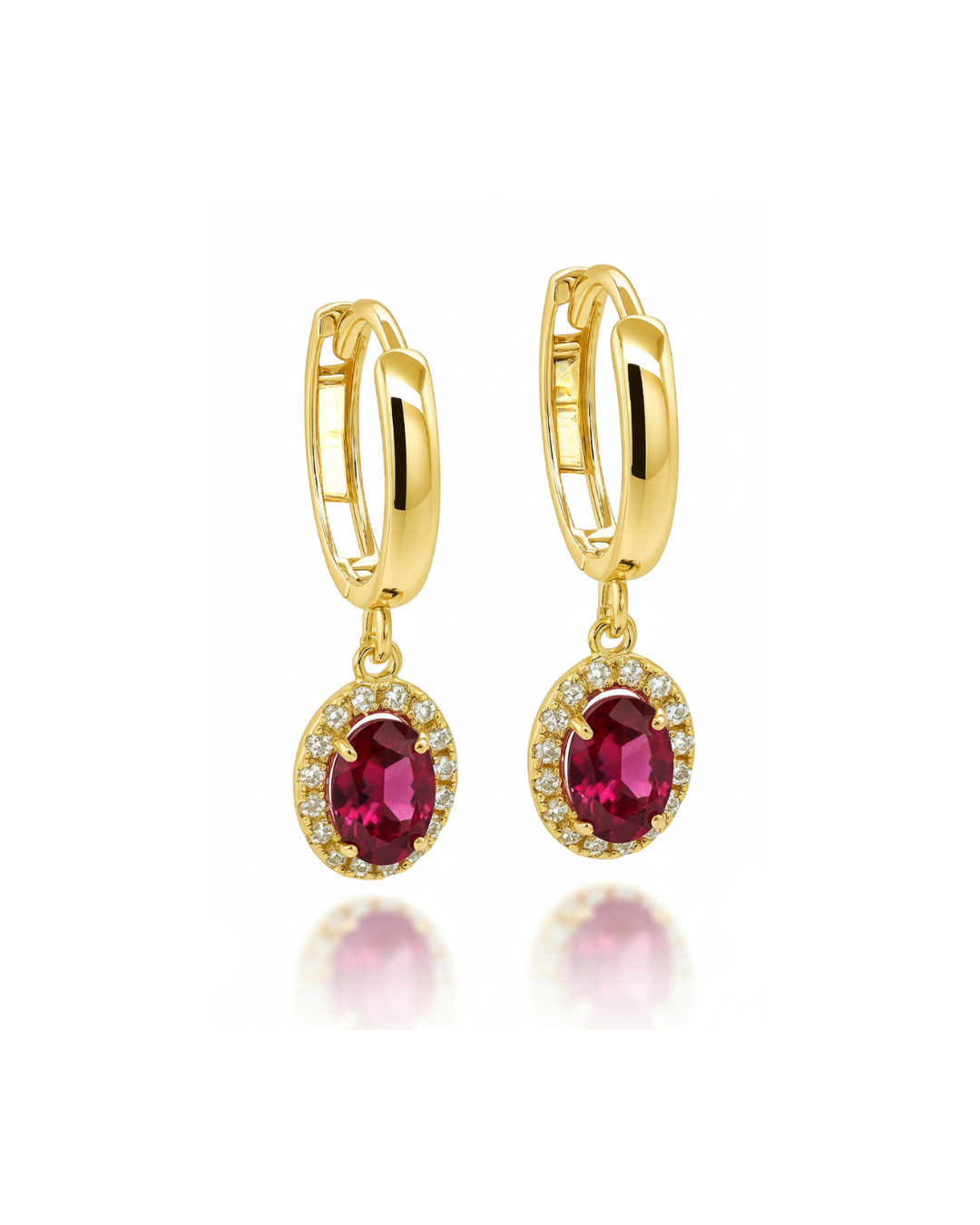 14k Yellow Gold Halo Oval Shaped Birthstone Huggie Earrings for Women