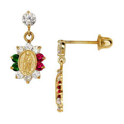 14k Yellow Gold CZ Virgen Guadalupe Religious Baby Screw Back Earrings for Women