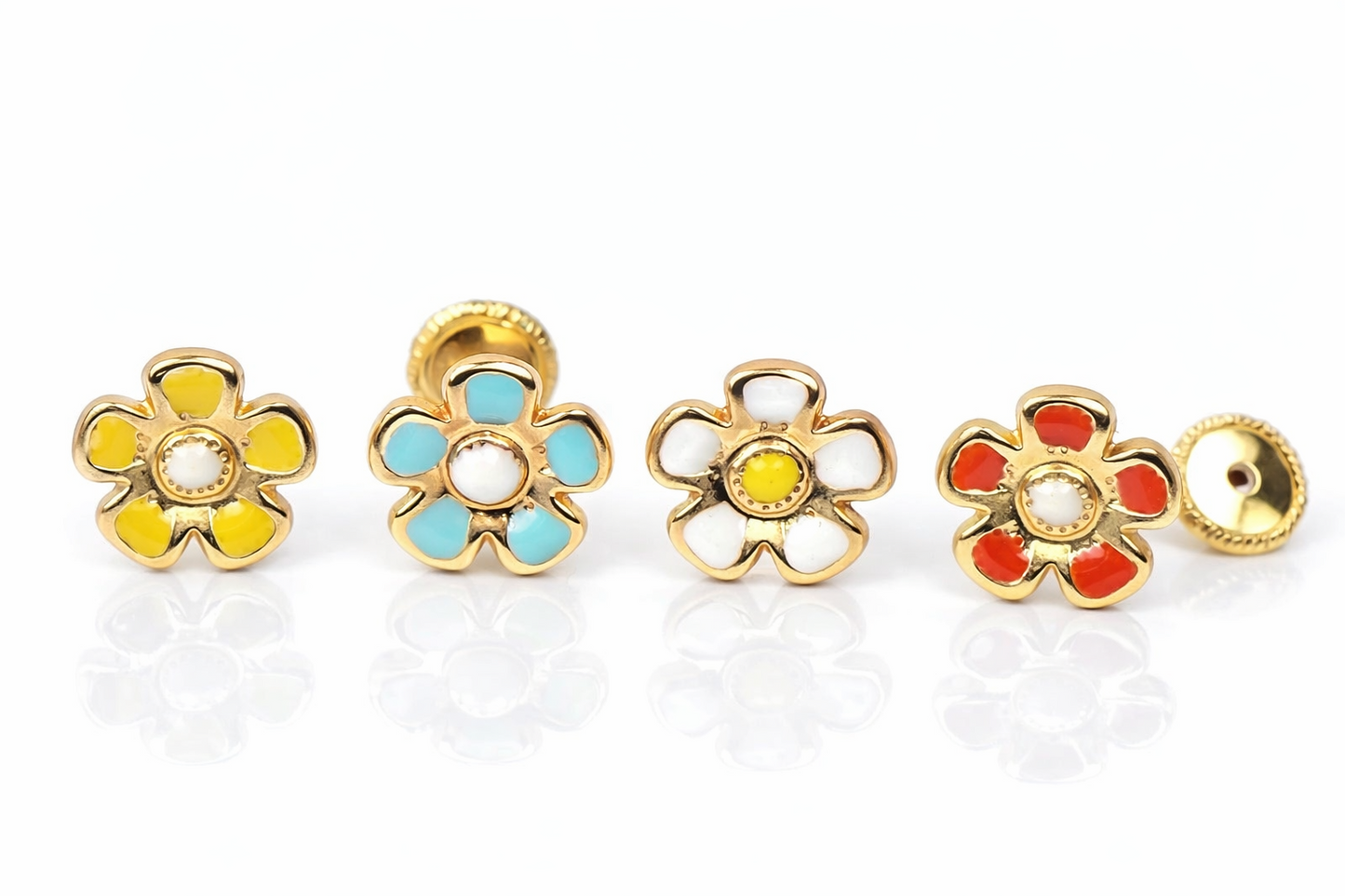 14k Yellow Gold Baby Enamel Flower earrings, Screw Back