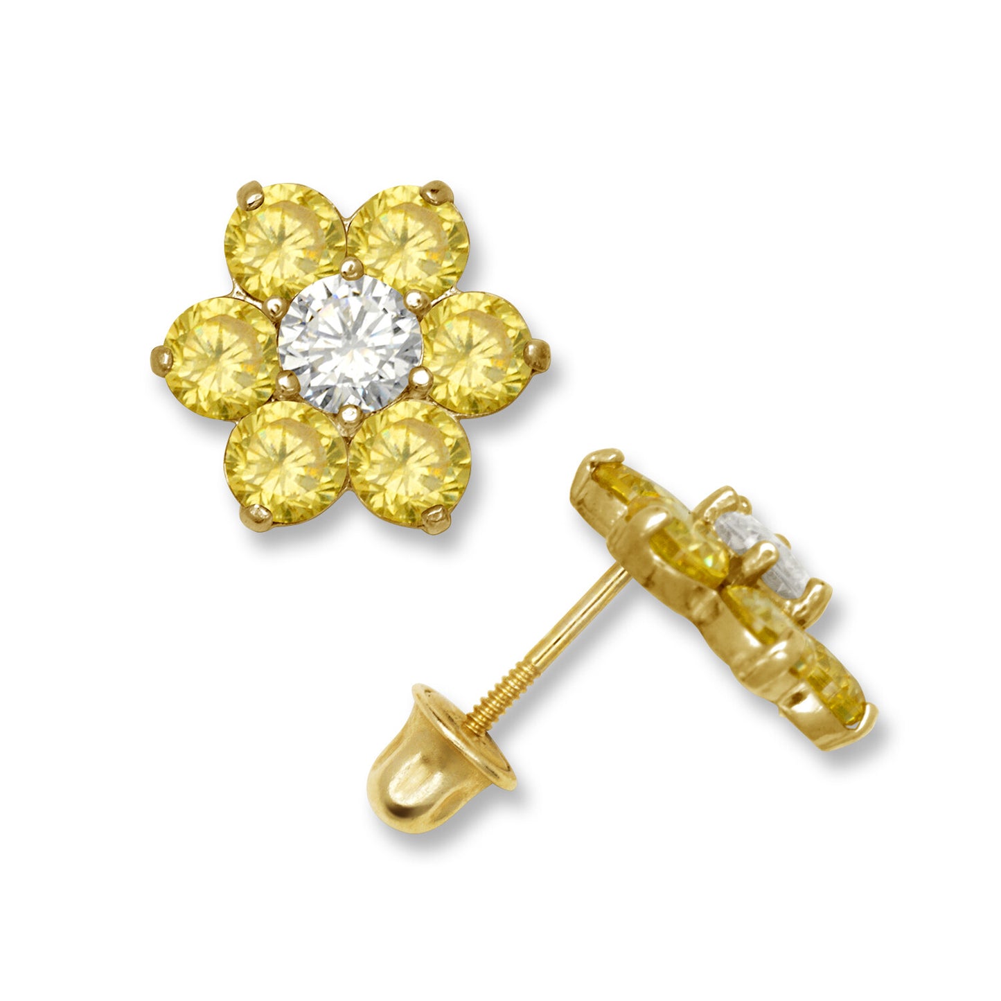 14k Yellow Gold CZ Flower Birthstone Stud Screw Back Earrings