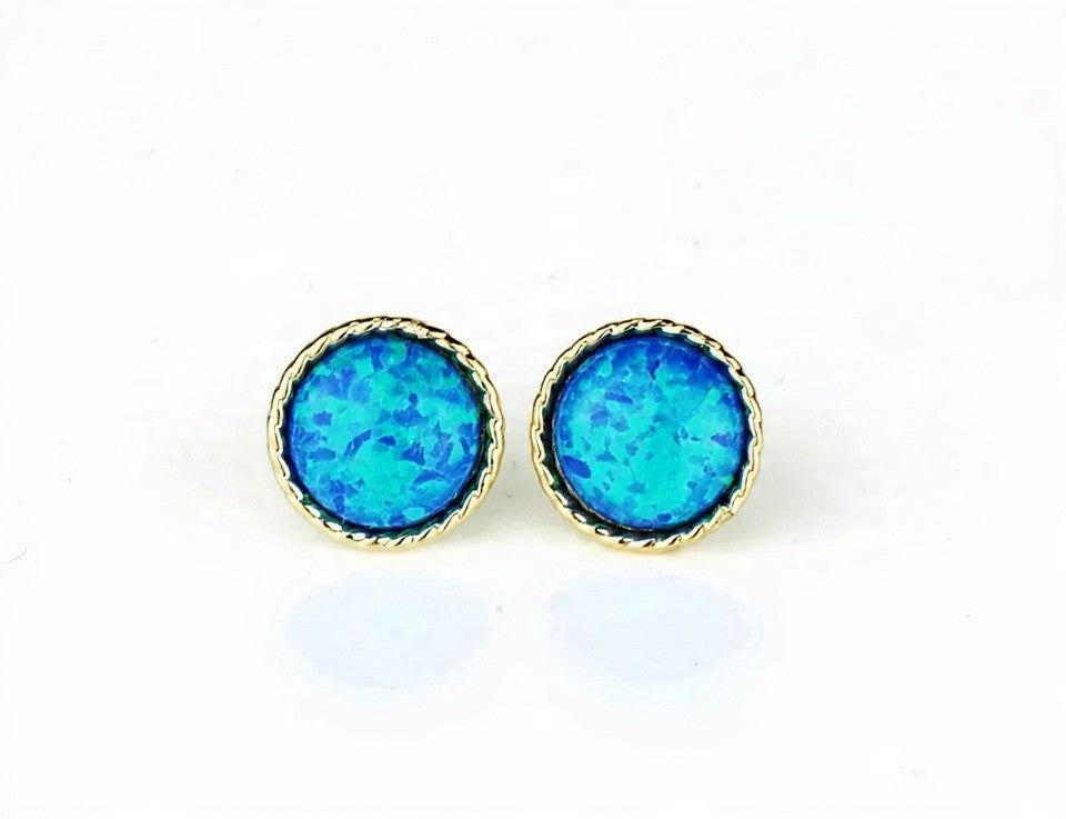 14K Yellow & White Gold Flat Opal Pretty  Stud Earrings for Women