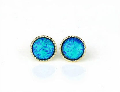 14K Yellow & White Gold Flat Opal Pretty  Stud Earrings for Women