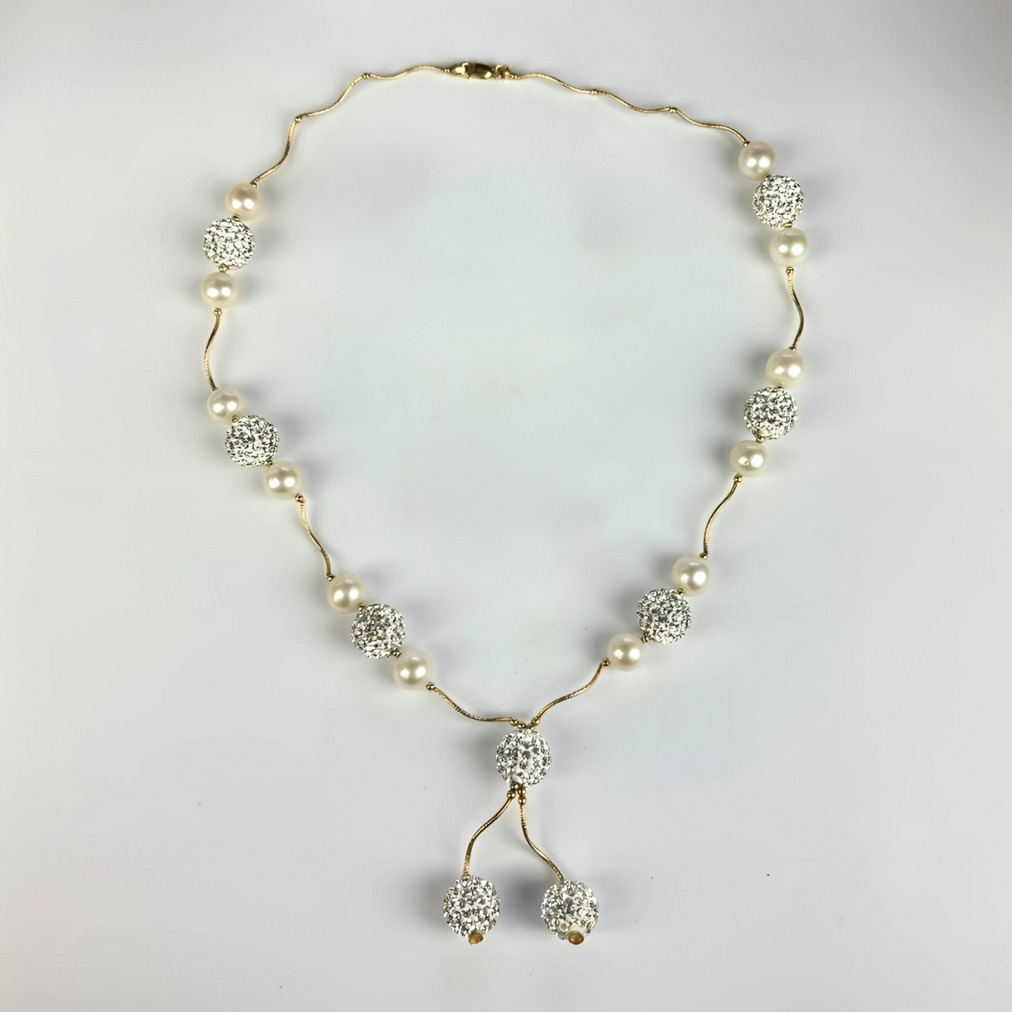 14K Yellow Gold Beautiful Freshwater Pearl Necklace with Czech Crystal for Women