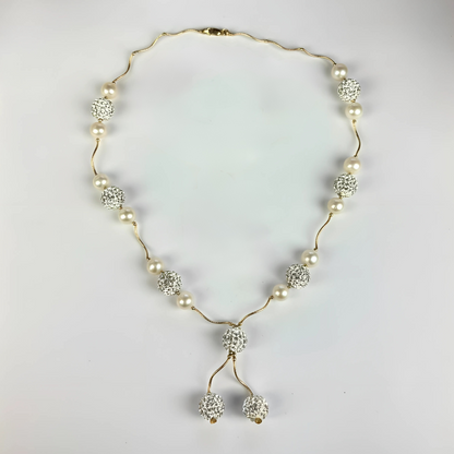 14K Yellow Gold Beautiful Freshwater Pearl Necklace with Czech Crystal for Women