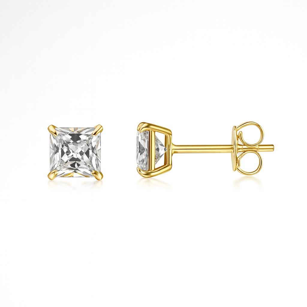 14k Yellow Gold Solid Square Princess Cut Birthstone 4MM CZ Stud Earrings