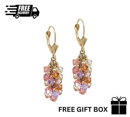 14k Yellow Gold Dangle Grape Leverback Earrings Made with Crystal from Swarovski