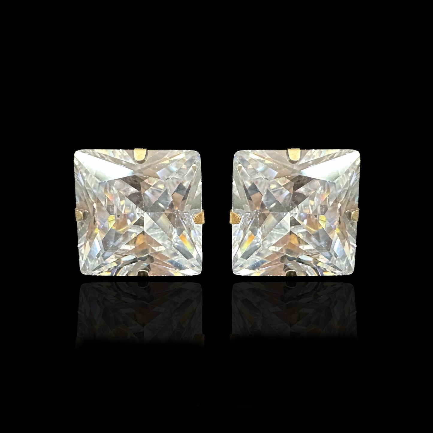 14K Yellow Gold Square Martini Prong Stud Earrings with Princess Cut CZ 2-8mm