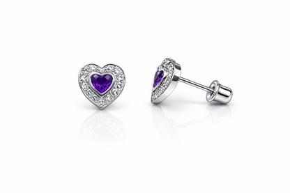 14k Solid White Gold Halo Heart Stud Earrings