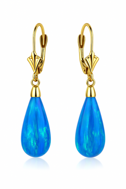 14k Yellow Gold Opal Leverback Earrings