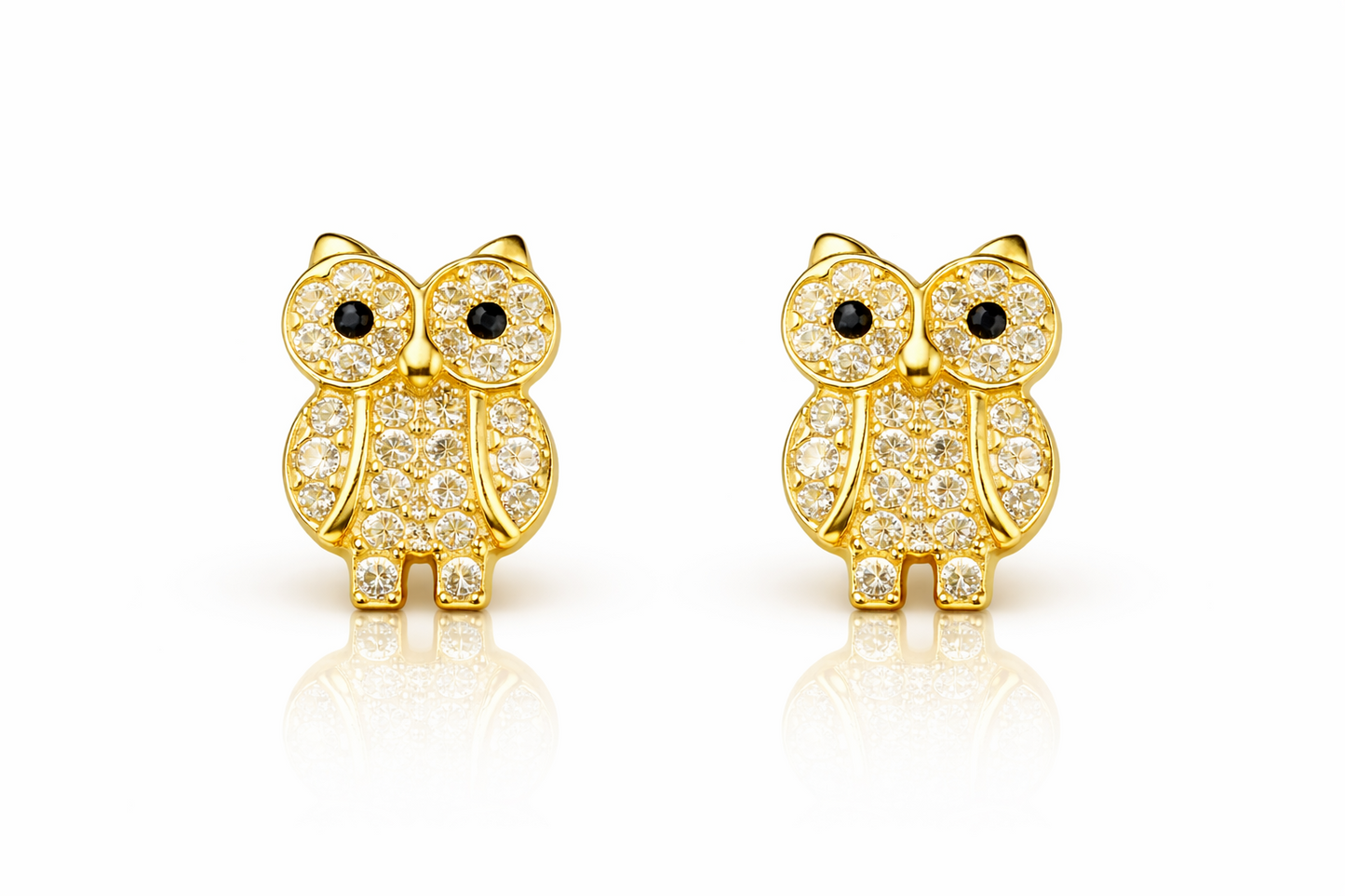 14k Solid Yellow or White Gold Owl Screw Back Stud Earrings with CZ